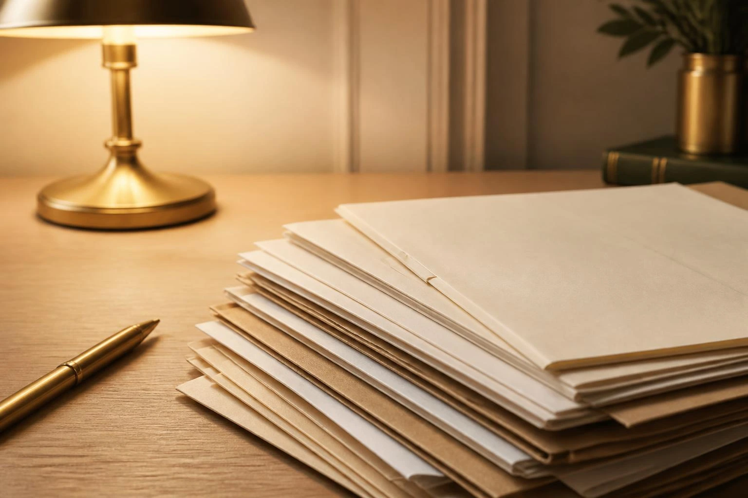 Documents administratifs, stylo laiton et lampe chaude sur un bureau en bois clair