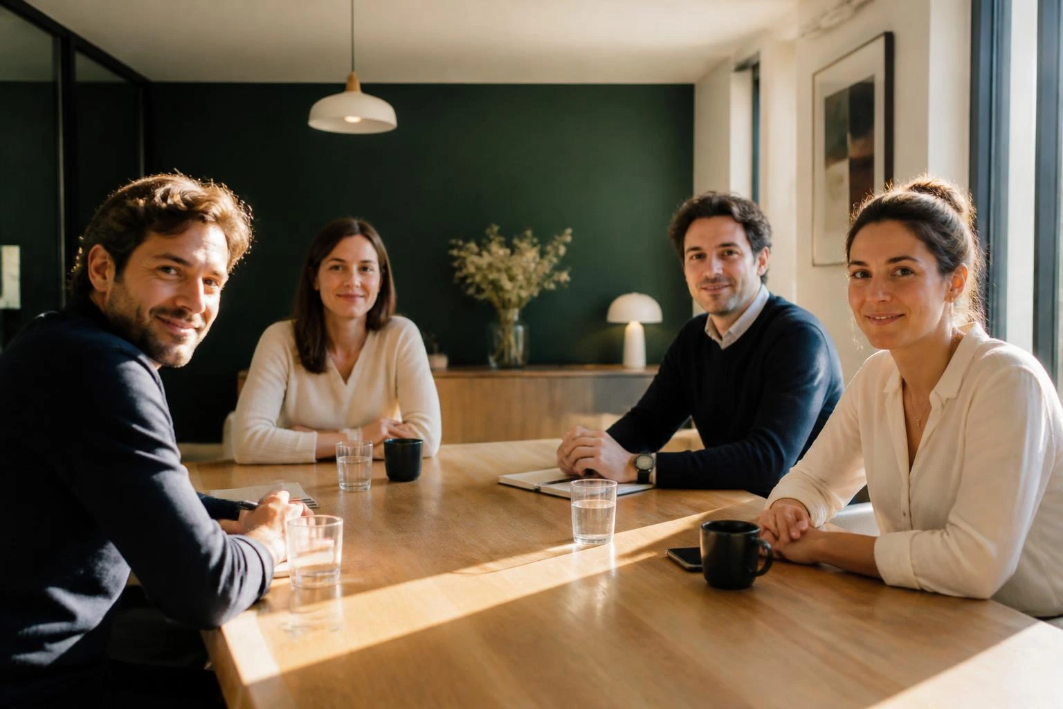 Équipe réunie autour d’une table dans un bureau lumineux