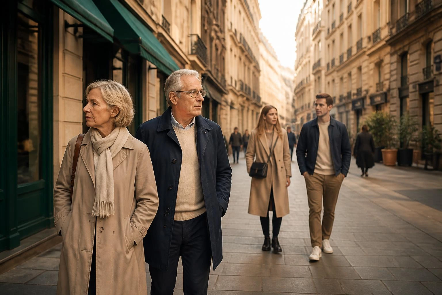 Passants dans une rue lyonnaise en pierre dorée à l’heure dorée