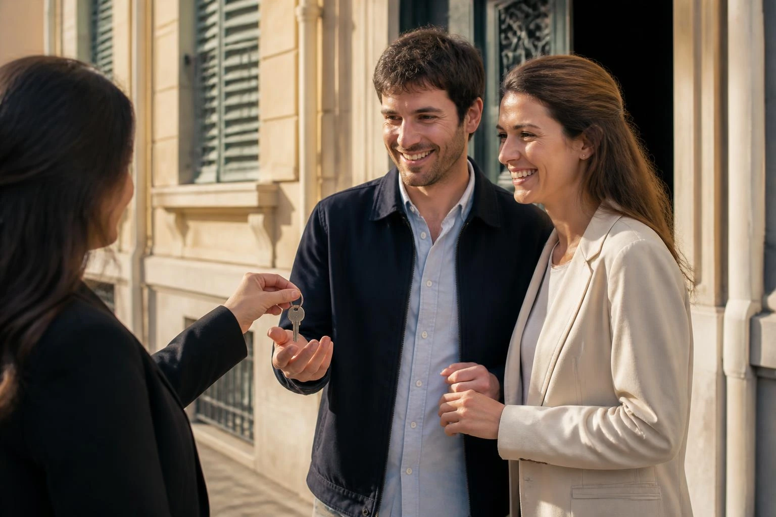 Couple recevant les clés devant un immeuble en pierre dorée